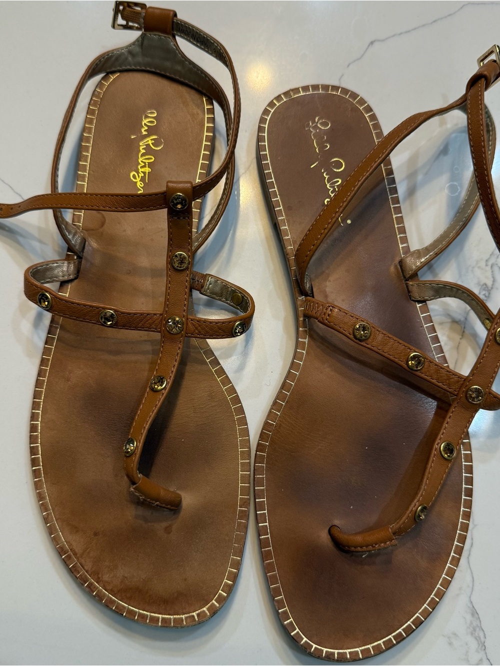 Lilly Pulitzer Kaylee Ankle Strap Sandals Brown Leather Sparkle Size 9.5